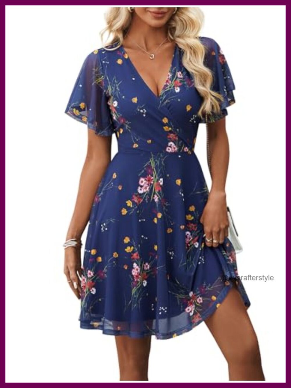 Womens Floral Wrap V Neck Midi Dress Ruffle Sleeve A-Line Cocktail Wedding Guest